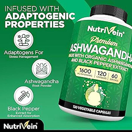 Nutrivein Organic Ashwagandha Capsules 1600mg with Black Pepper Extract - 120 Vegan Pills - 100% Pure Root Powder Supplement - Supports Stress Relief, Immune, Energy, Stamina & Mood