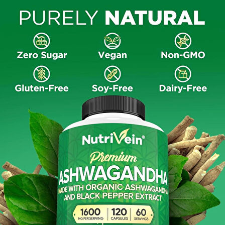 Nutrivein Organic Ashwagandha Capsules 1600mg with Black Pepper Extract - 120 Vegan Pills - 100% Pure Root Powder Supplement - Supports Stress Relief, Immune, Energy, Stamina & Mood