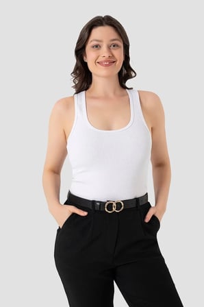 Özel Seri Sade Düz Renk Cadde Kadın Fitilli Görünümlü Kalın Askılı Basic Beyaz Atlet