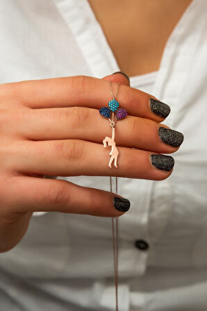 Balonlu Kız Kolye Renkli Nano Taşlı Rose Altın Kaplama 925 Ayar Gümüş Kolye