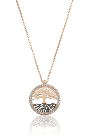 Kadın Hayat Ağacı Nano Zirkon Taşlı Rose 925 Ayar Gümüş Kolye