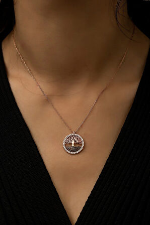 Kadın Hayat Ağacı Nano Zirkon Taşlı Rose 925 Ayar Gümüş Kolye