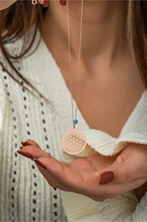 Yaşam Çiçeği Kolye Nazar Gözlü Rose Altın Kaplama 925 Ayar Gümüş