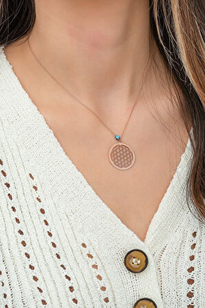 Yaşam Çiçeği Kolye Nazar Gözlü Rose Altın Kaplama 925 Ayar Gümüş