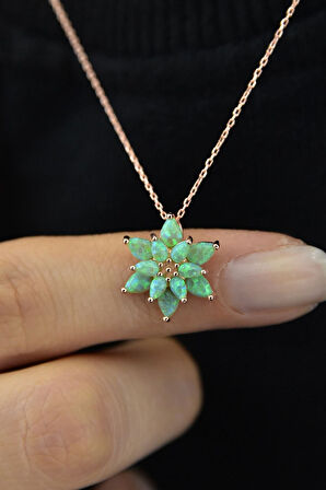 925 Ayar Gümüş Yeşil Doğal Opal Taşlı Lotus Kolye