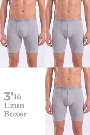 Delux Serisi 3'lü Paket Erkek Gri Uzun Paçalı Boxer Pamuklu Çamaşır Günlük Giyim Pijama Altı