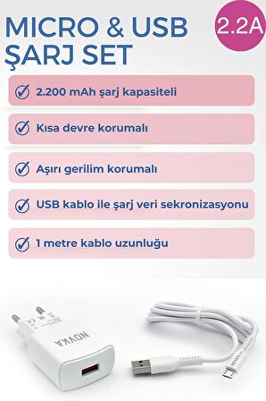 Micro & USB Girişli 2.2 A Şarj Cihazı 1 Metre Kablo + Adaptör Takım Samsung Huawei Modellerle Uyumlu