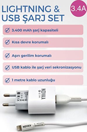 Apple Iphone Uyumlu 3.4 A Şarj Cihazı 1 Metre Beyaz Kablo + Adaptör Takım Tüm Modellerle Uyumlu