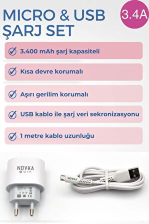 Micro & USB Girişli 3.4 A Şarj Cihazı 1 Metre Kablo + Adaptör Takım Samsung Huawei Modellerle Uyumlu