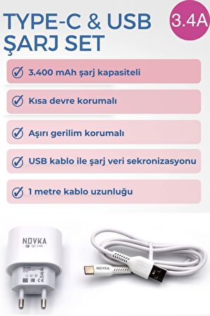 Type-C & USB Girişli 3.4 A Şarj Cihazı 1 Metre Kablo + Adaptör Samsung Oppo Xiaomi Modellerle Uyumlu