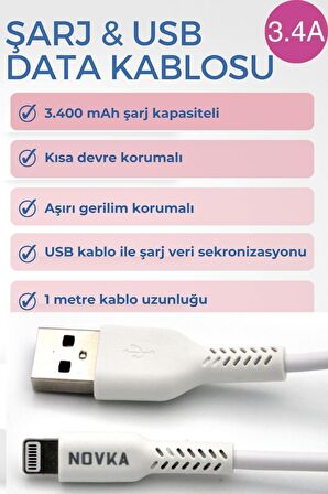 Apple Iphone Uyumlu 3.4 A Lightning & USB Data ve Şarj Kablosu 1 Metre Beyaz Tüm Modellerle Uyumlu