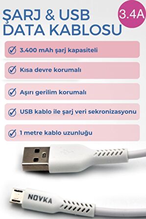 Micro & USB 3.4 A Şarj ve Data Kablosu 1 Metre Beyaz Samsung Huawei Modellerle Uyumlu