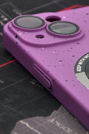 iPhone 14 Uyumlu Mor Benekli Desenli İnce Sert Kapak Kılıf Kamera Lens Korumalı