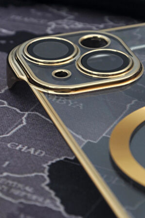 iPhone 13 Uyumlu Altın Sarı Gold Renkli İnce Kenarlı Şeffaf Sert Kapak Kılıf