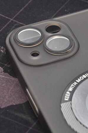 iPhone 14 Uyumlu Siyah Renkli Yarı Şeffaf İnce Sert Kapak Kılıf Kamera Lens Korumalı