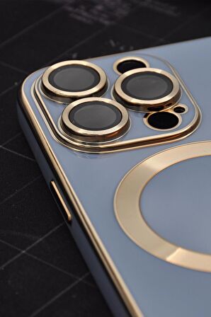 iPhone 13 Pro Max Uyumlu MagSafe Özellikli Lens Korumalı Lazerli Renkli Kılıf Mavi