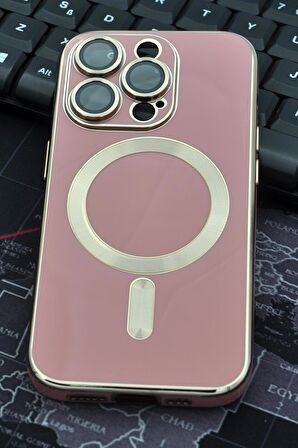iPhone 14 Pro Max Uyumlu MagSafe Özellikli Lens Korumalı Lazerli Renkli Kılıf Pudra Pembe