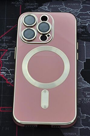 iPhone 14 Pro Max Uyumlu MagSafe Özellikli Lens Korumalı Lazerli Renkli Kılıf Pudra Pembe