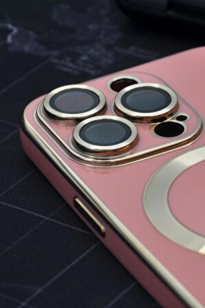 iPhone 14 Pro Max Uyumlu MagSafe Özellikli Lens Korumalı Lazerli Renkli Kılıf Pudra Pembe