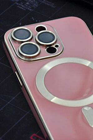 iPhone 14 Pro Max Uyumlu MagSafe Özellikli Lens Korumalı Lazerli Renkli Kılıf Pudra Pembe