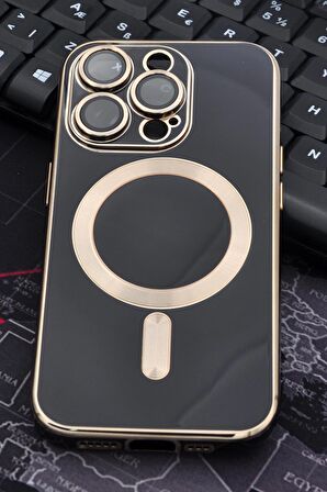 iPhone 14 Pro Uyumlu MagSafe Özellikli Lens Korumalı Lazerli Renkli Kılıf Siyah
