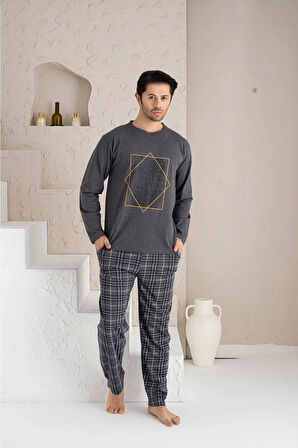 Lukitus Uzun Kol Sıfır Yaka Pamuklu Erkek Pijama Takımı