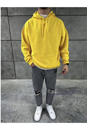 Basic Düz Oversize Kapüşonlu Kanguru Cepli Sweatshirt Hoodie