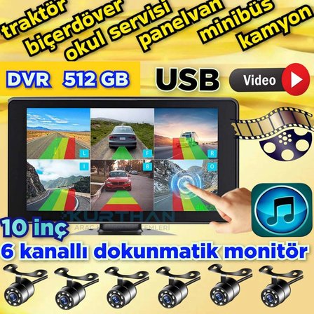 10 İNÇ  6 CH 512 GB DOKUNMATİK USB BSD DVR EKRAN AHD 720p RCA BEYAZ LEDLİ KELEBEK KAMERA   12 VOLT
