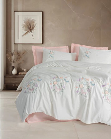 3D Nakışlı Çift Kişilik Saten Nev Takımı Liva Pudra