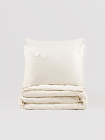 3D Nakışlı Çift Kişilik Saten Nev Takımı Pure Ekru