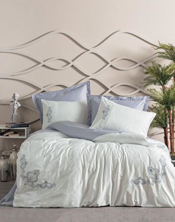 Nakışlı Çift Kişilik Saten Nev Takımı Bianna Gri