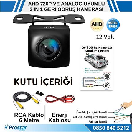 Balıkgözü AHD 720P ve Analog Çevirilebilir 170 Derece Geniş Açılı Geri Görüş Kamerası