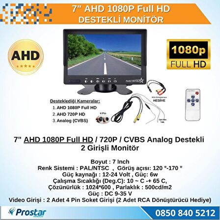 7" AHD 1080P Full HD iki kamera girişli Monitör