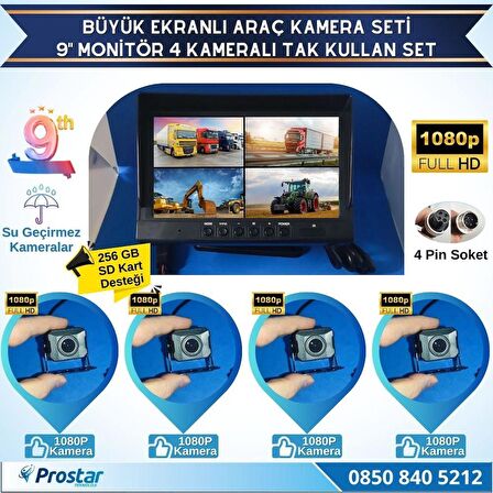Kayıtlı 9" Monitörlü AHD 1080P 4 Kameralı 256GB SD Destekli 4Pin Tak Kullan Kamera Seti