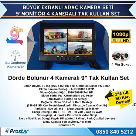 Kayıtlı 9" Monitörlü AHD 1080P 4 Kameralı 256GB SD Destekli 4Pin Tak Kullan Kamera Seti