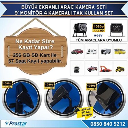 Kayıtlı 9" Monitörlü AHD 1080P 4 Kameralı 256GB SD Destekli 4Pin Tak Kullan Kamera Seti