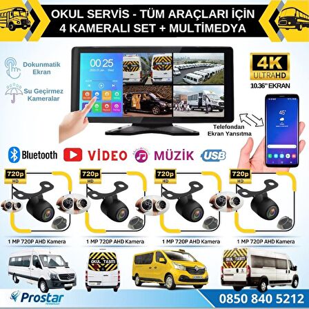 Okul Servisleri için 10.36" Dokunmatik Ekranlı 4 Kameralı Kayıtlı Video Müzik Telefon Ekran Yansıtma