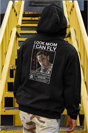 Unisex Look Mom I Can Fly Baskılı Oversize Kapüşonlu Sweatshirt