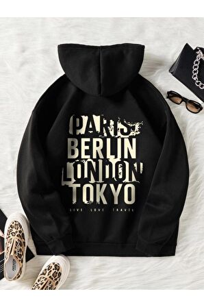 Unisex Paris Berlin London Tokyo Baskılı Siyah Oversize Kapüşonlu Sweatshirt