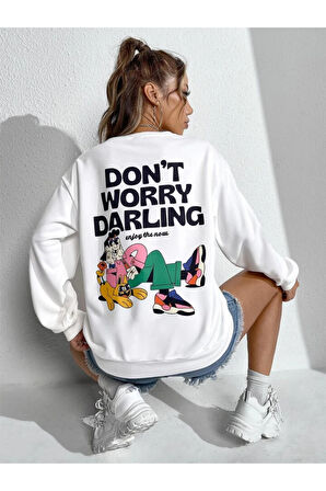 Unisex Dont Worry Darling Baskılı Beyaz Oversize Sweatshirt