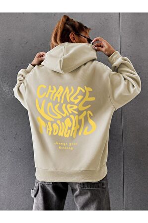 Unisex Change Your Thoughts Baskılı Oversize Kapüşonlu Sweatshirt