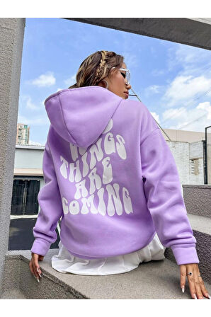 Unisex Good Things Are Coming Baskılı Pembe Oversize Kapüşonlu Sweatshirt