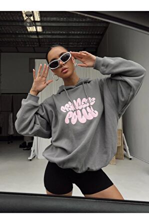 Unisex Princess Polly Baskılı Gri Oversize Kapüşonlu Sweatshirt