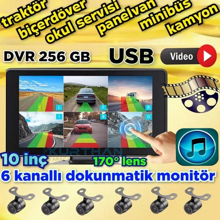 LEDSİZ KELEBEK KAMERA 170''  AHD 720p RCA  6 KANALLI 10 İNÇ DOKUNMATİK USB BSD DVR EKRAN 12 VOLT