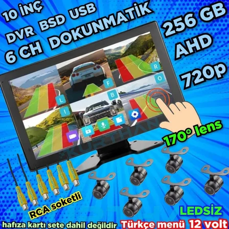 LEDSİZ KELEBEK KAMERA 170''  AHD 720p RCA  6 KANALLI 10 İNÇ DOKUNMATİK USB BSD DVR EKRAN 12 VOLT