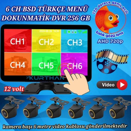 170'' BALIK GÖZÜ AHD 720p RCA  KAMERA  6 KANALLI 10 İNÇ DOKUNMATİK USB BSD DVR EKRAN  12 VOLT