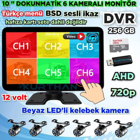 AHD 720p RCA BEYAZ LEDLİ KELEBEK KAMERA  6 KANALLI 10 İNÇ DOKUNMATİK USB BSD DVR EKRAN  12 VOLT
