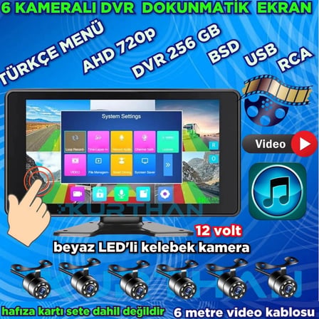 AHD 720p RCA BEYAZ LEDLİ KELEBEK KAMERA  6 KANALLI 10 İNÇ DOKUNMATİK USB BSD DVR EKRAN  12 VOLT