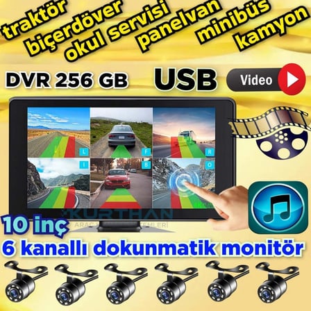 AHD 720p RCA BEYAZ LEDLİ KELEBEK KAMERA  6 KANALLI 10 İNÇ DOKUNMATİK USB BSD DVR EKRAN  12 VOLT