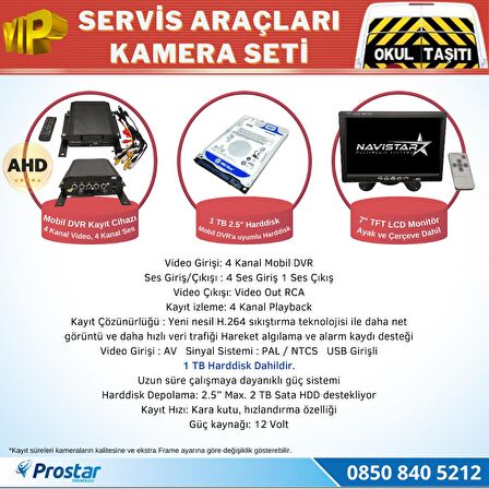 Okul Servis Kamera Seti 4 Kameralı 7" Monitör 4 Kameralı 1 TB Harddisk dahil